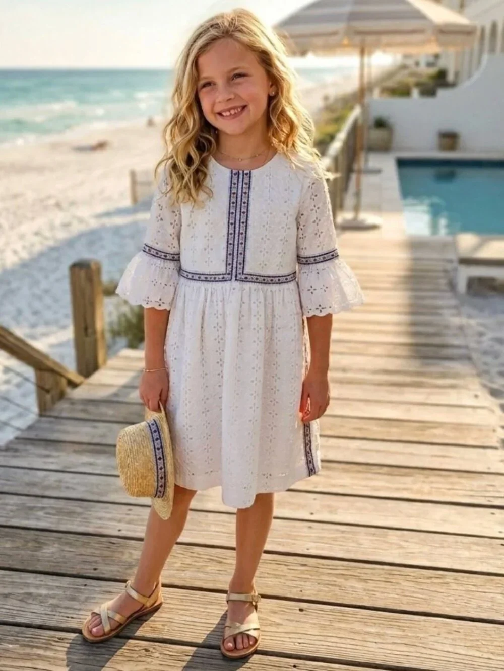 Hanna Andersson Girls Eyelet Dress Size 4 (100 cm) White Embroidered Boho Floral